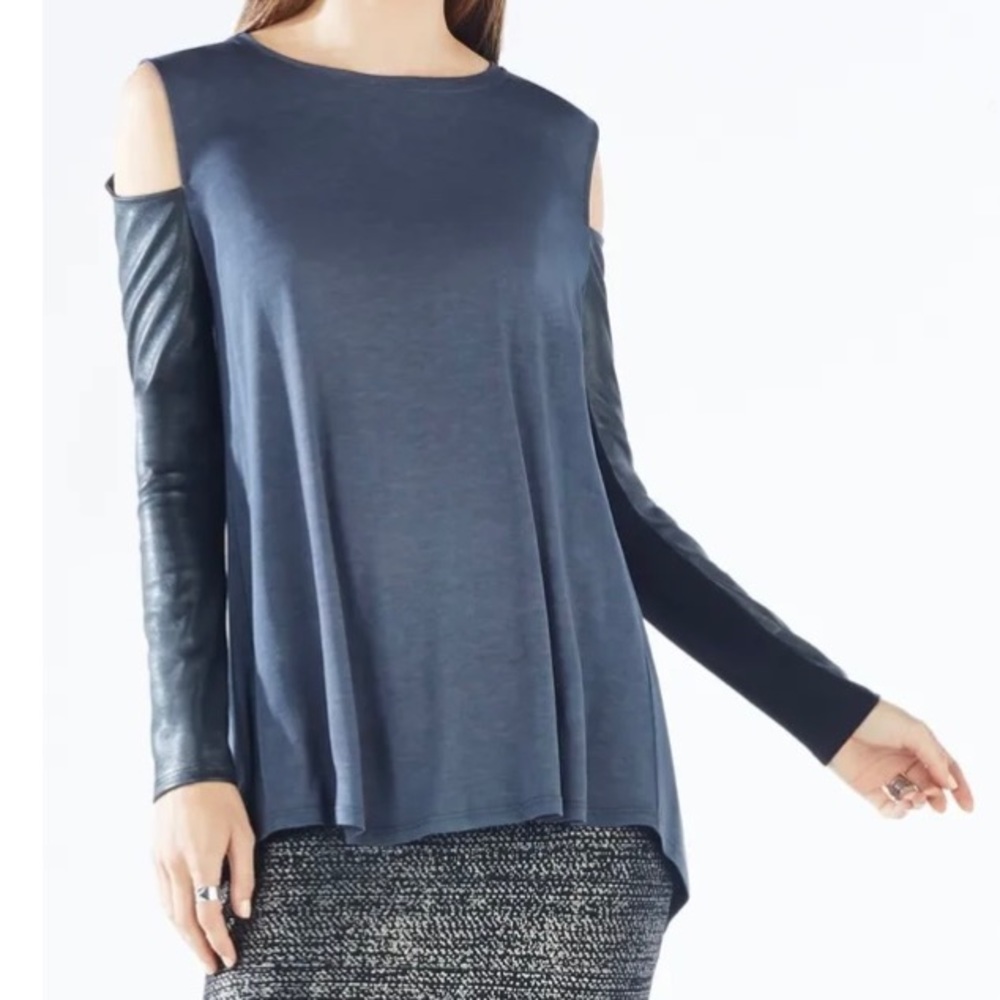 NEW BCBG MAX AZRIA EBONY JUDSON FAUX-LEATHER SLEEVE TOP Size xs